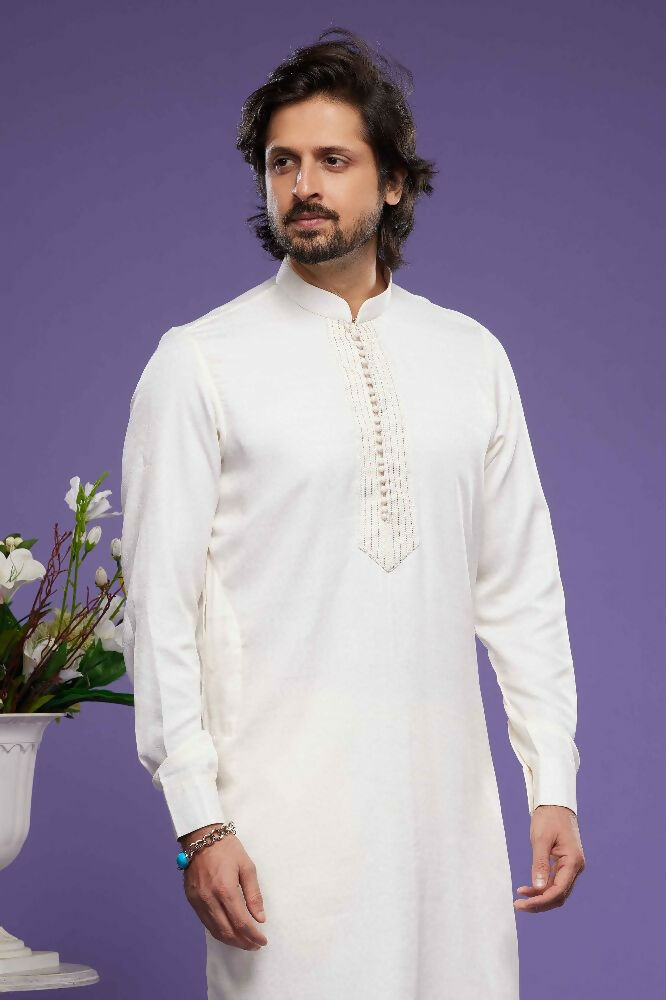 Raivat Ethnic Art Banarasi Silk Thread Work Kurta Pajama In Cream Colour | Grocsy