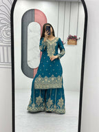 Teeya Creation Womens New Wedding Wear Heavy Embroidery Thread Work Teal Kurta Set | Grocsy