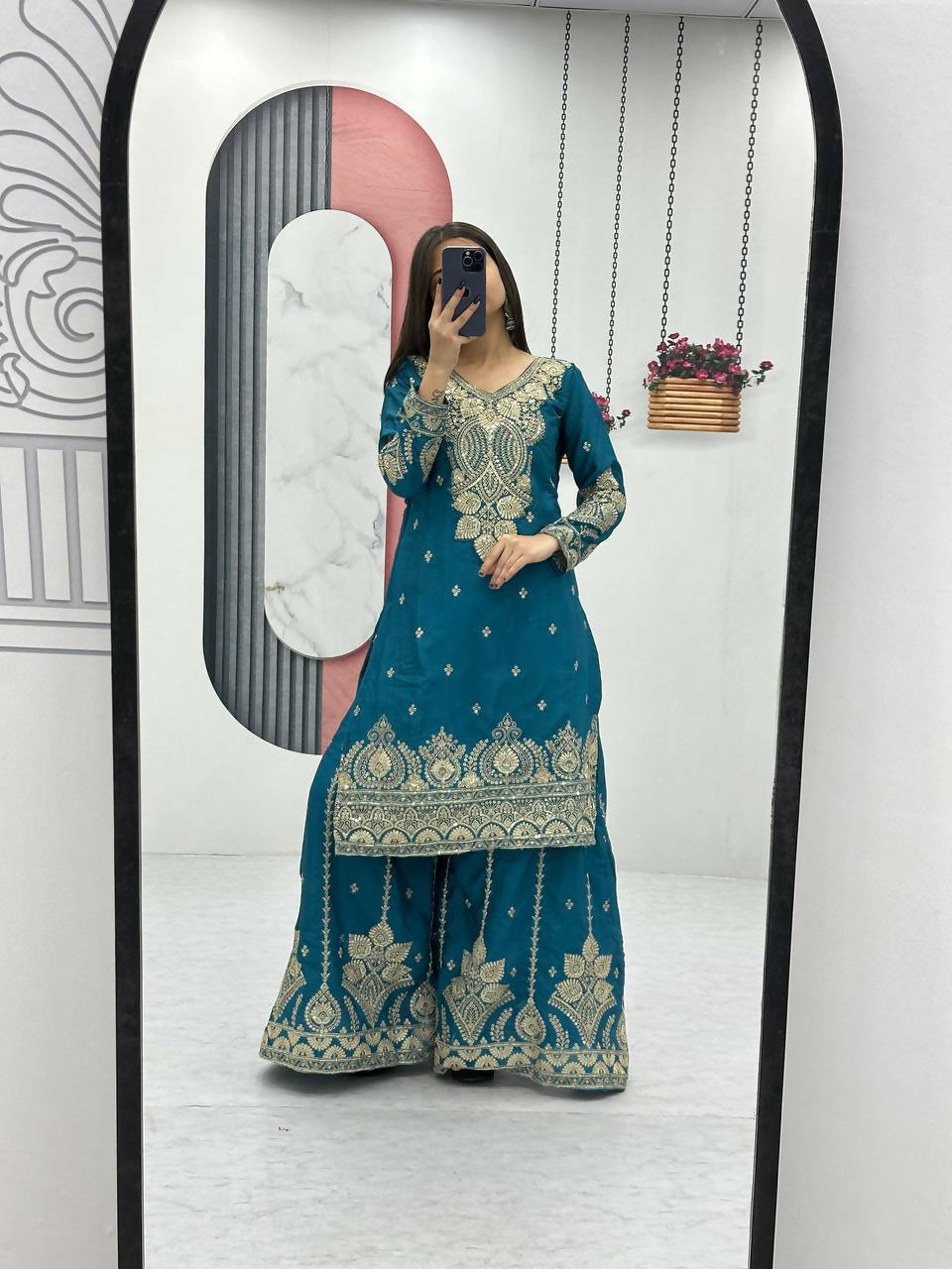 Teeya Creation Womens New Wedding Wear Heavy Embroidery Thread Work Teal Kurta Set | Grocsy