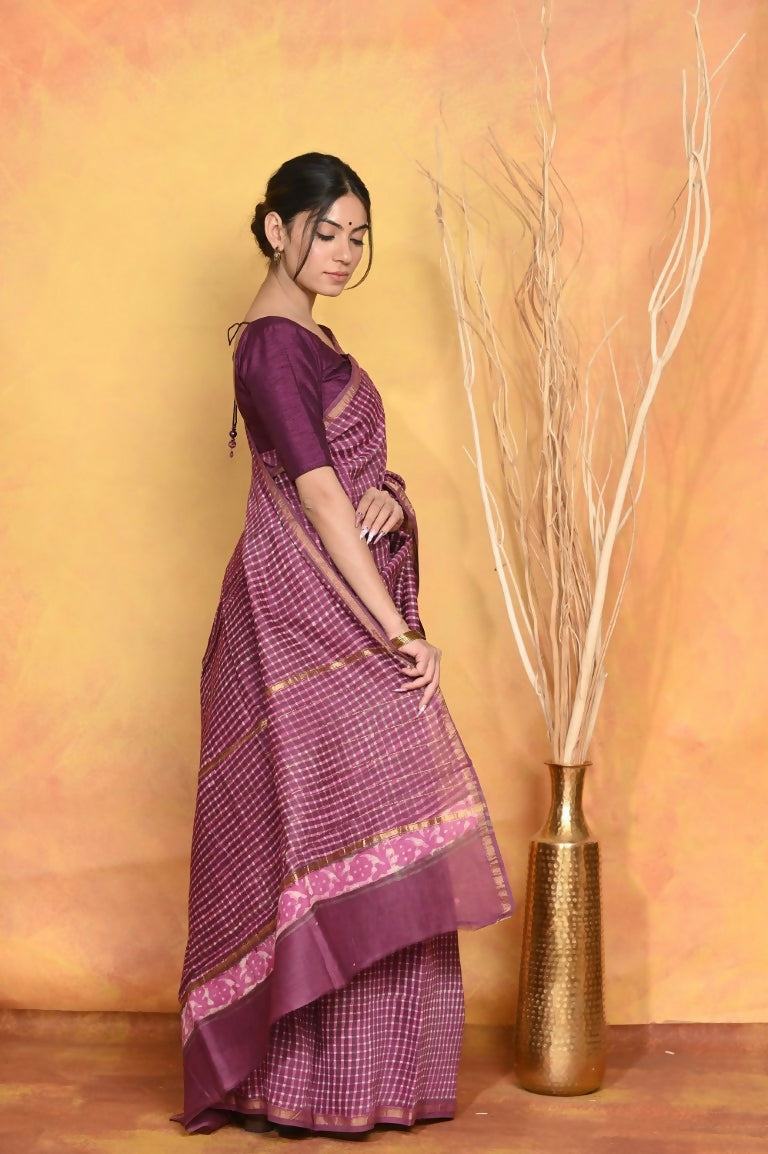 Very Much Indian Chanderi Natural Dye Handblock Printed Saree - Mauve | Grocsy