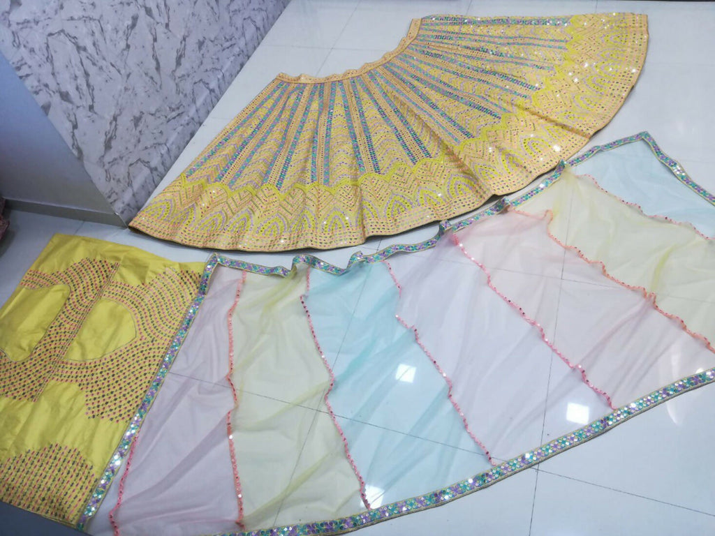 Jyoti Fashion Yellow Thread Embroidered Heavy Dola Silk Designer Lehenga Choli with Dupatta | Grocsy