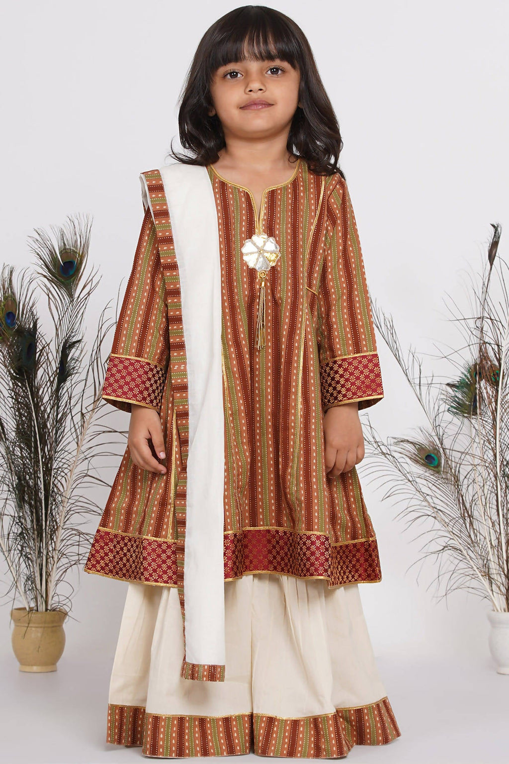Little Bansi Girls Cotton Kurta frock with Sharara & Dupatta - Brown & Cream | Grocsy