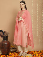Jyoti Fashion Women's Peach Chanderi Silk Elegant Jardoshi Semi Kurta with Trouser & Dupatta | Grocsy