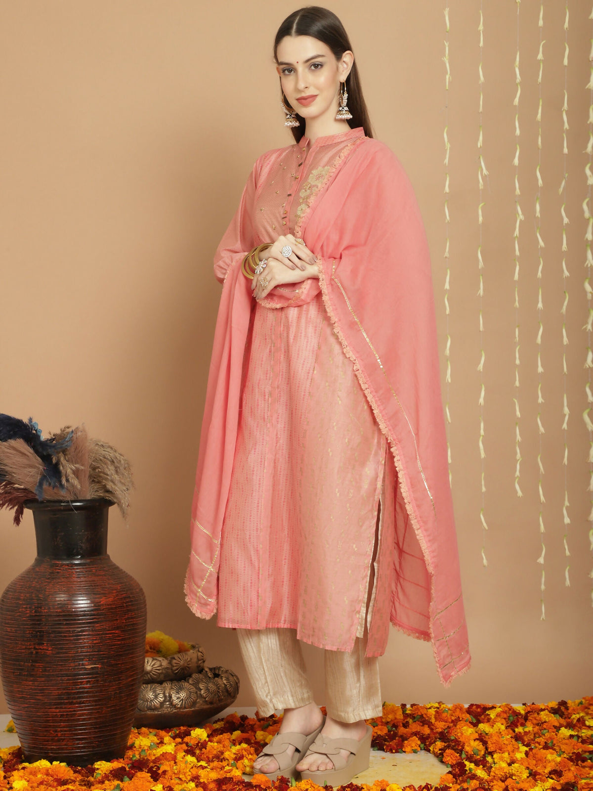 Jyoti Fashion Women's Peach Chanderi Silk Elegant Jardoshi Semi Kurta with Trouser & Dupatta | Grocsy