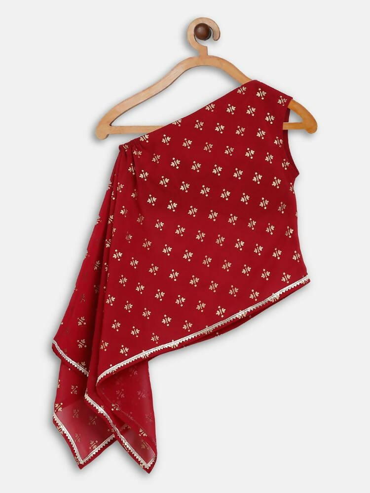 Ahalyaa Maroon Georgette Glitter Print Asymmetric Kids Kurta Palazzo Sets For Girls | Grocsy