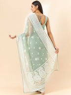 Green Organza Geometric Embroidered Saree with Unstitched Blouse Piece - Roozal | Grocsy
