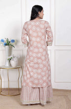Miravan Women Brown Floral Printed Cotton Straight Ethnic Kurta with Palazzo and Dupatta | Grocsy