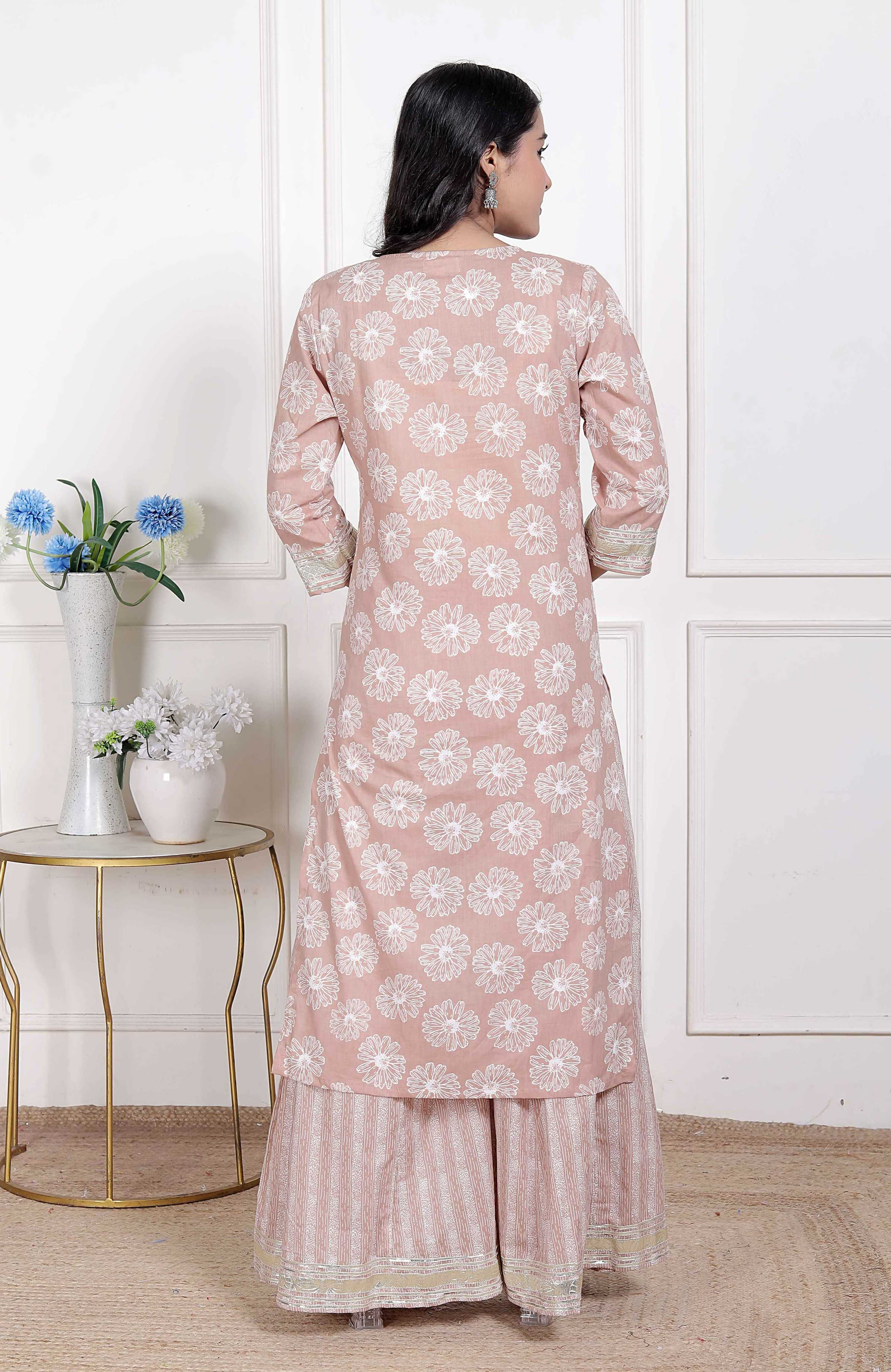 Miravan Women Brown Floral Printed Cotton Straight Ethnic Kurta with Palazzo and Dupatta | Grocsy