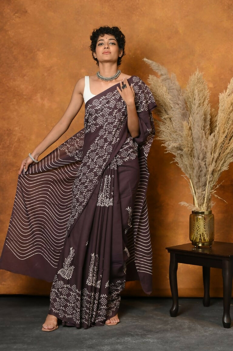 Very Much Indian Handblock Printed Cotton Saree With Natural Dyes - Brown | Grocsy