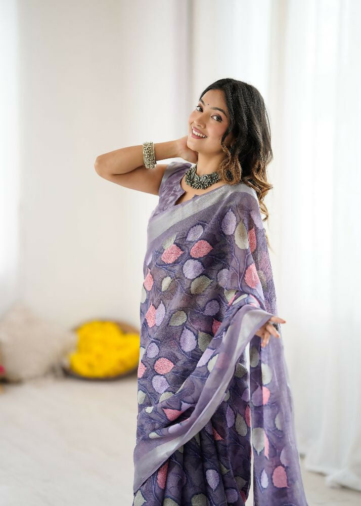 PR Fashion Lavender Linen Patta Printed Saree | Grocsy