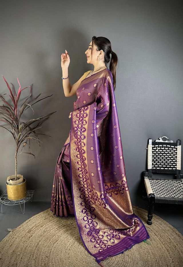 Elora Purple Banarasi Soft Silk Checked Body With Floral Motifs South Pattu Saree | Grocsy