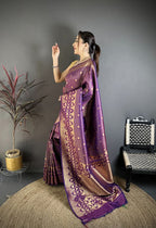 Elora Purple Banarasi Soft Silk Checked Body With Floral Motifs South Pattu Saree | Grocsy