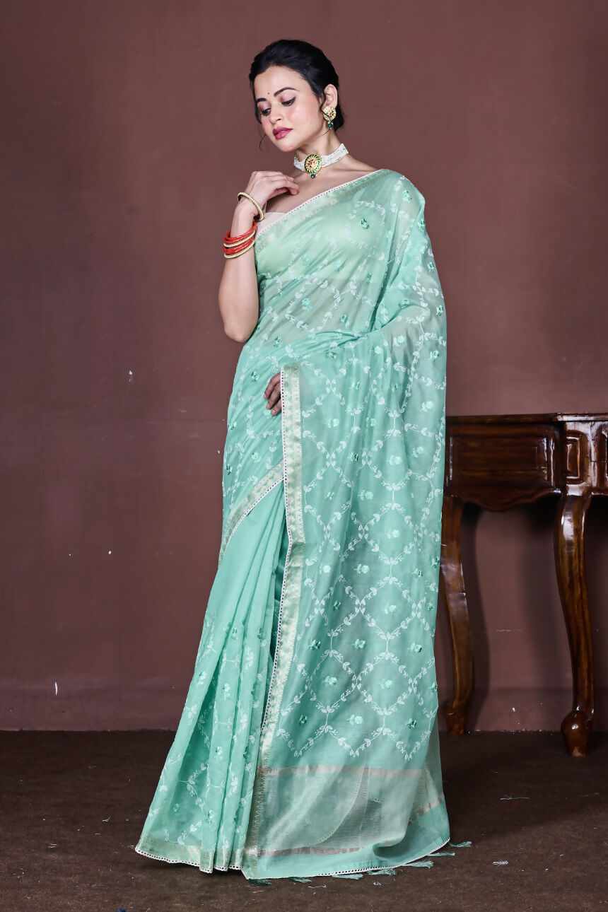 Morchari Green Cotton Chanderi Embroidery Saree Unstitched Blouse | Grocsy