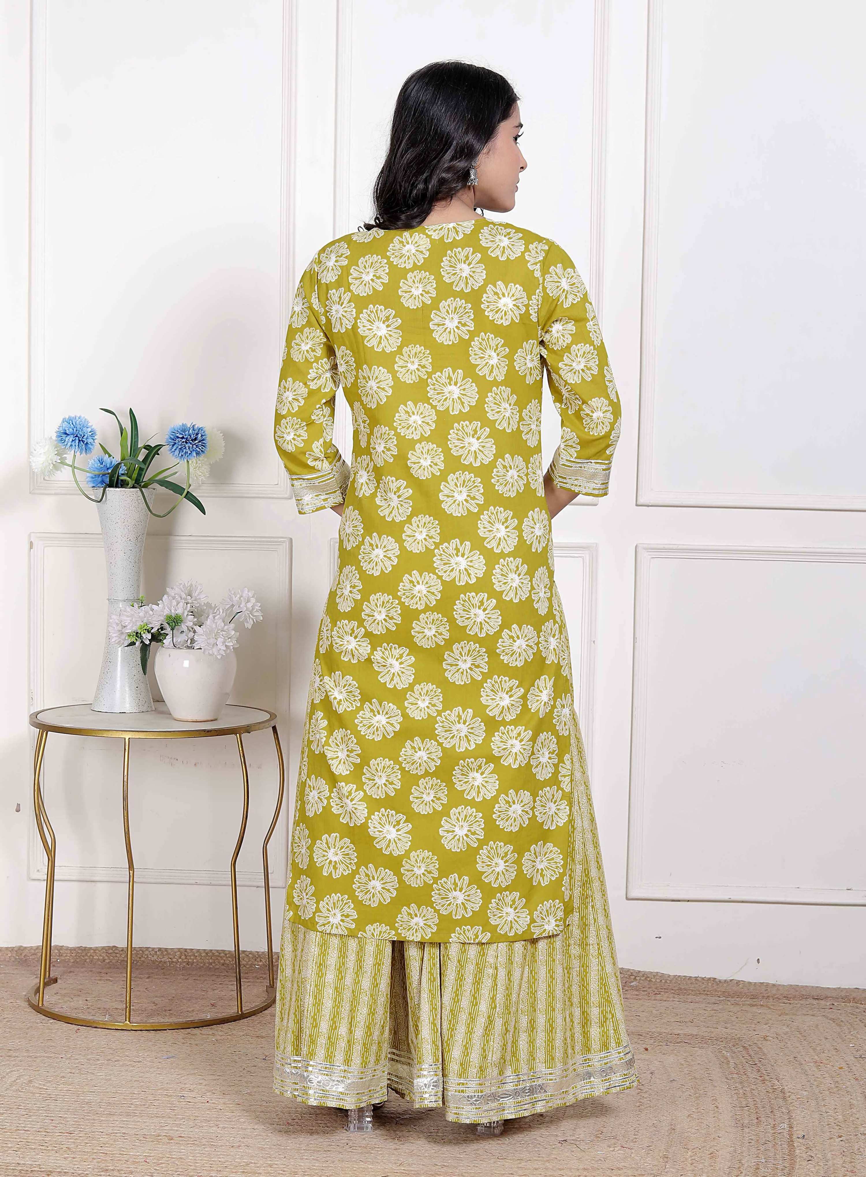 Miravan Women's Lime Yellow Block Printed Kurta with Palazzo | Grocsy