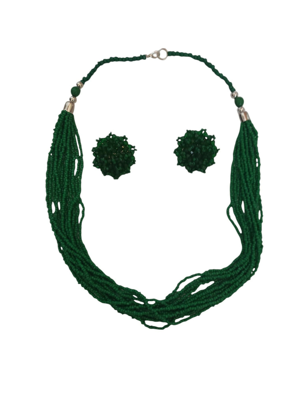 Inhanns Bloom Handmade Beaded Necklace With Earrings - 12 Layers - Darkgreen Necklace Set | Grocsy