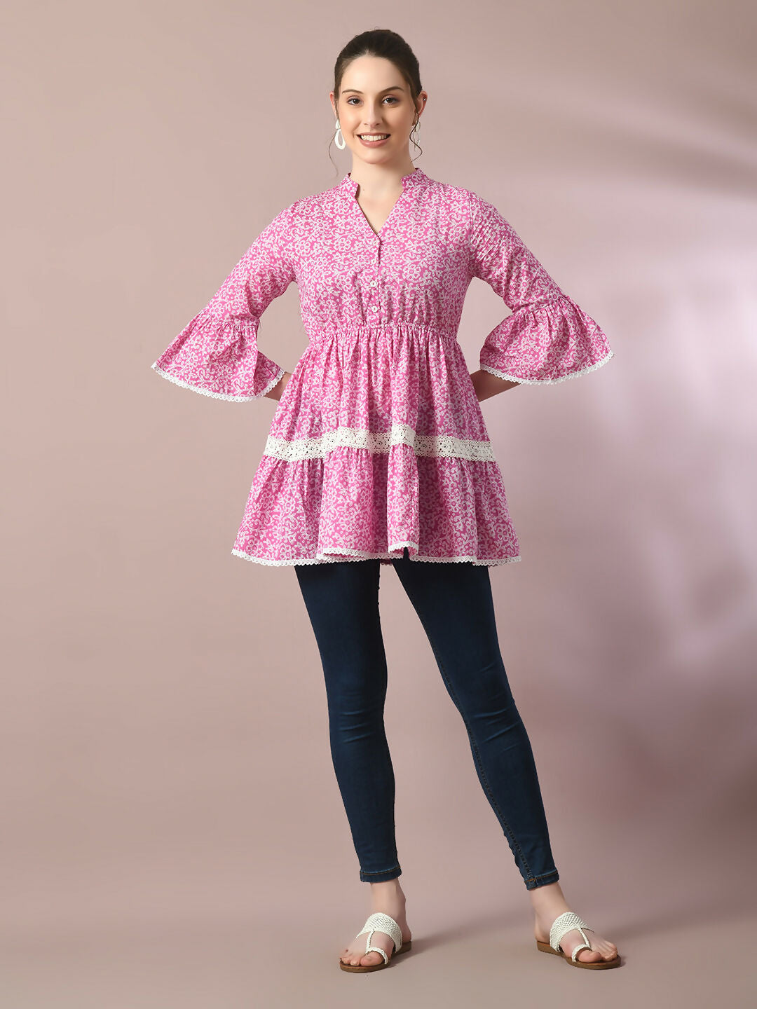 Myshka Women's Pink Embellished Cotton Gathered Party Empire Top | Grocsy