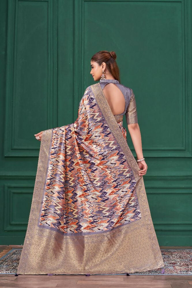 Purple Tussar Silk Jacquard Abstract Digital Print Saree with Unstitched Blouse - Mohira | Grocsy