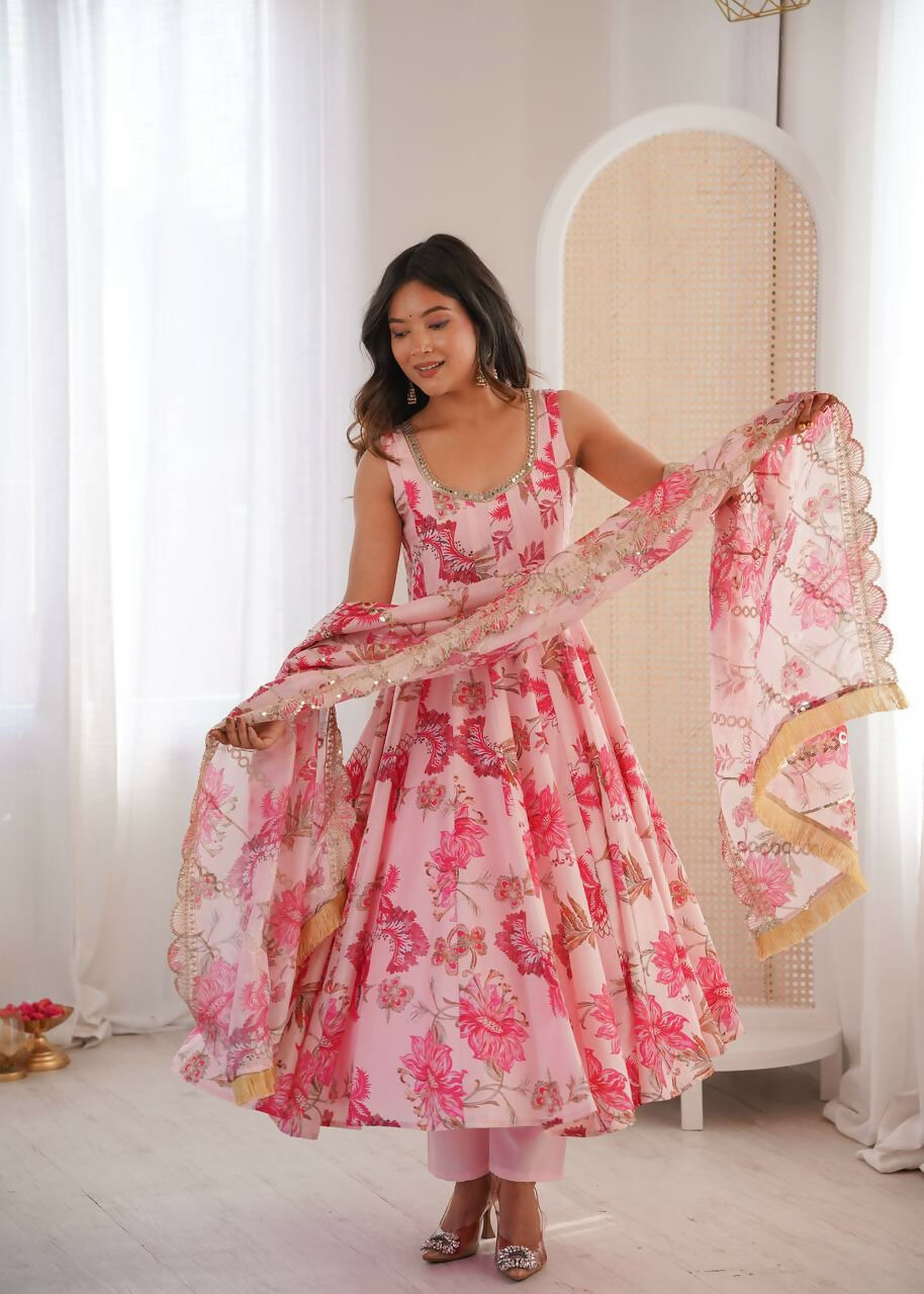 Teeya Creation Pink Pure Muslin Silk Digital Print Traditional Wear Long Gown | Grocsy