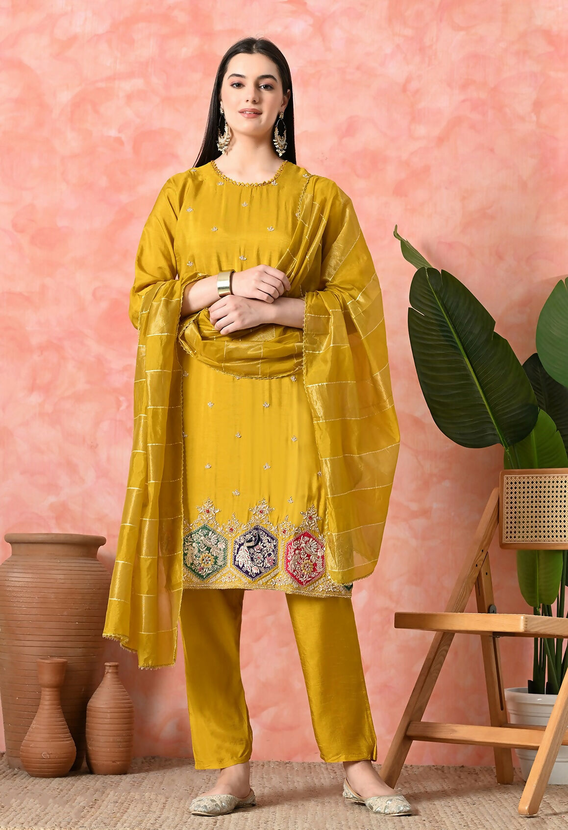 Joban Fashion Mustard Premium Pure Viscose Print Dola With Handwork Kurta Set | Grocsy