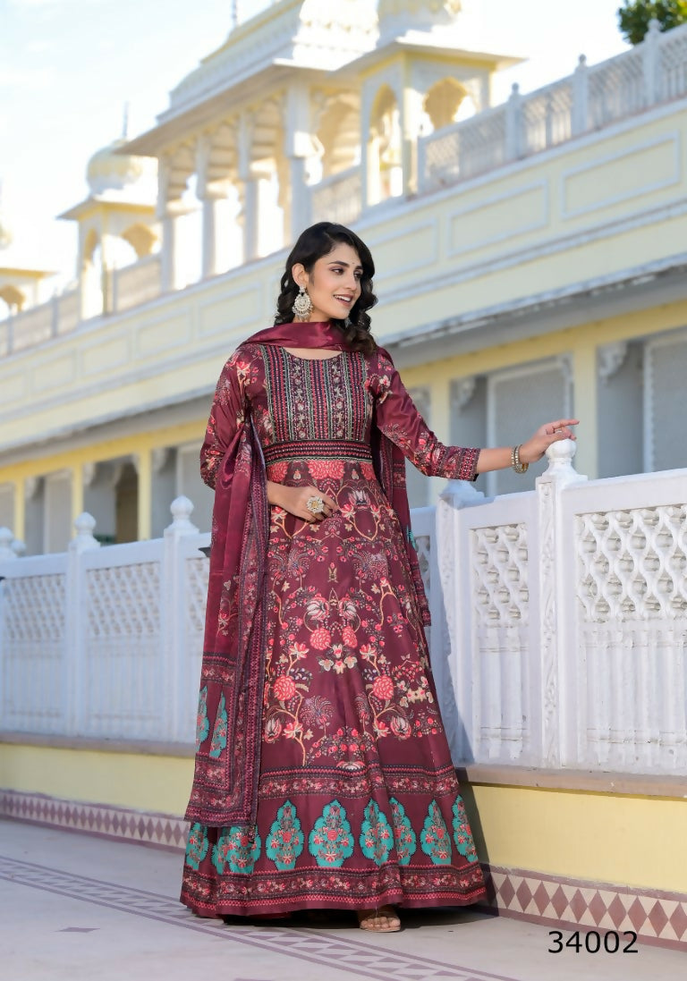 Partywear Designer Maroon Dola Silk Anarkali suit with Dupatta - Suzen | Grocsy