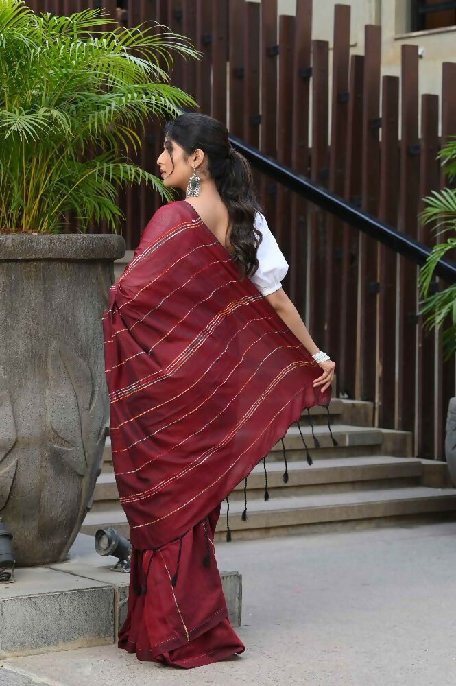 Beatitude Maroon Khadi Ghicha Stripes Saree | Grocsy