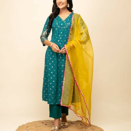 FIORRA Women's Teal Blue Crepe A-Line Kurta Pant with Dupatta | Grocsy