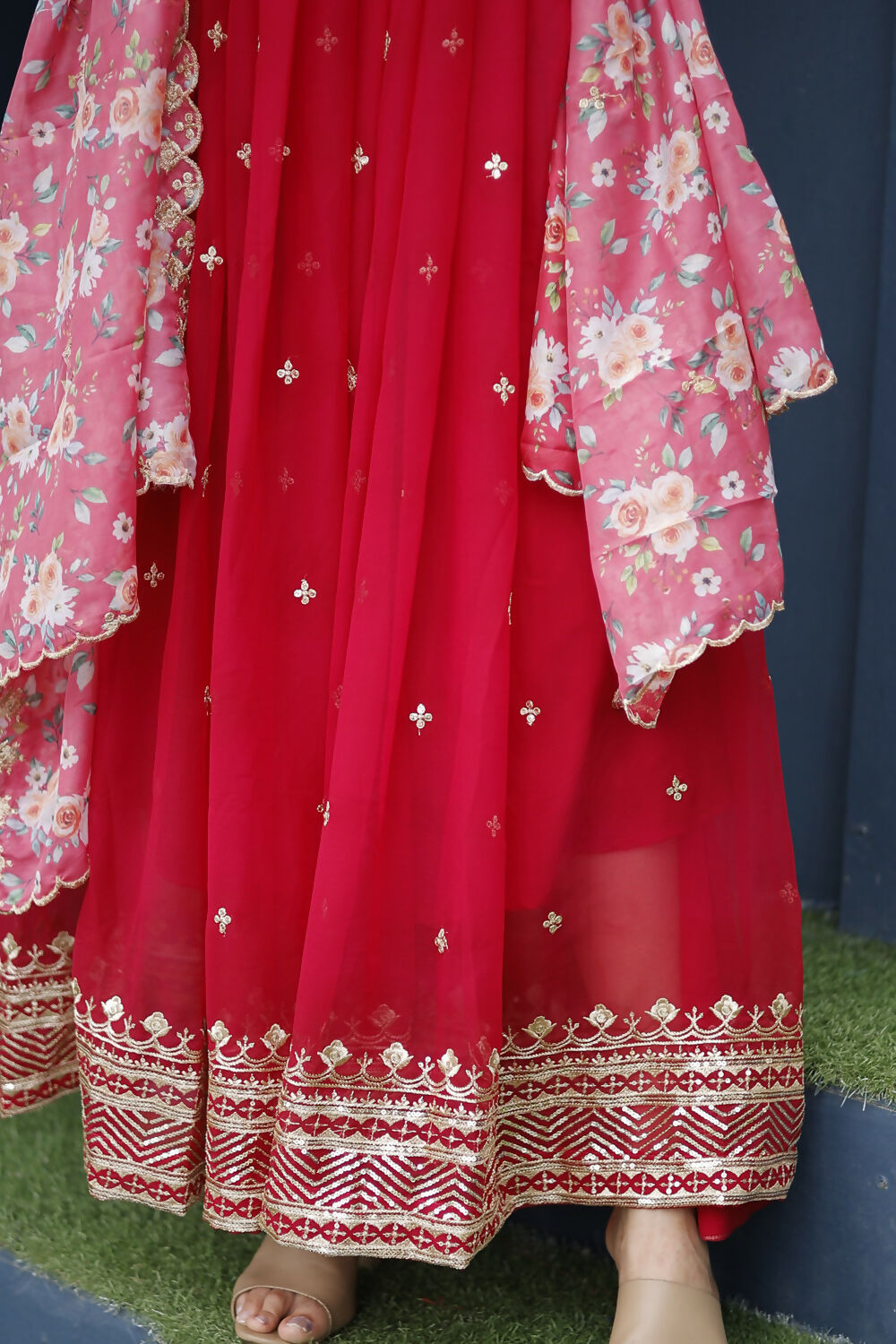 Aayaa Designer Embroidery Zari Sequins-Work Faux Blooming Georgette Suit - Red | Grocsy