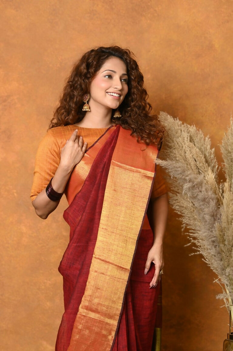 Very Much Indian Handloom Pure Cotton Linen Saree With Golden Border - Dark Maroon | Grocsy