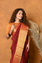 Very Much Indian Handloom Pure Cotton Linen Saree With Golden Border - Dark Maroon | Grocsy