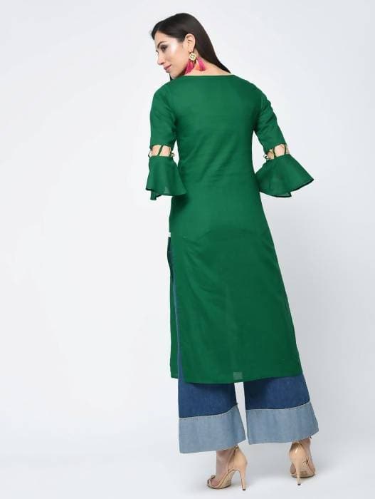 Aniyah Cotton Criss Cross Bell Sleeves Straight Thick Green Kurta (AN-101K) | Grocsy