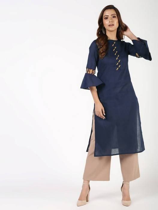 Aniyah Cotton Criss Cross Bell Sleeves Navy Blue Straight Kurta (AN-145K) | Grocsy