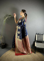 Joban Fashion Navy Blue Woven Butti Soft Silk Banarasi Silk Saree | Grocsy