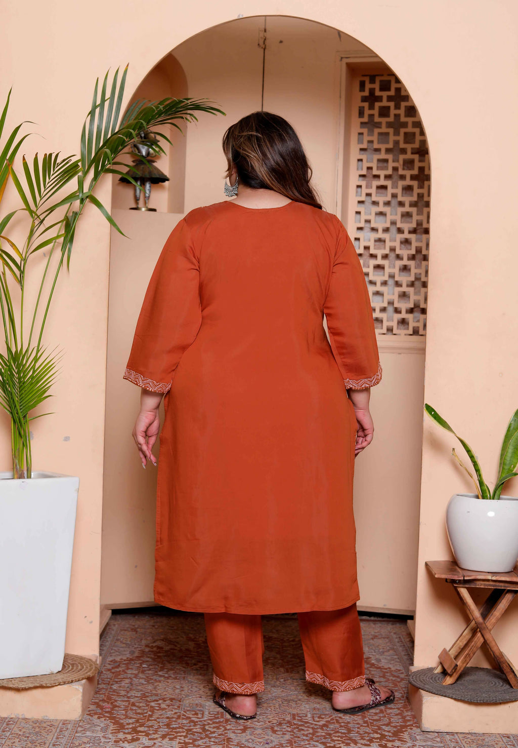 Miravan Women's Plus Size Orange Embroidered Straight Kurta with Palazzo and Dupatta set | Grocsy