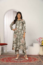 Jyoti Fashion Women's Grey Chanderi Silk Floral Print with Side Pocket Kurtis & Sets | Grocsy