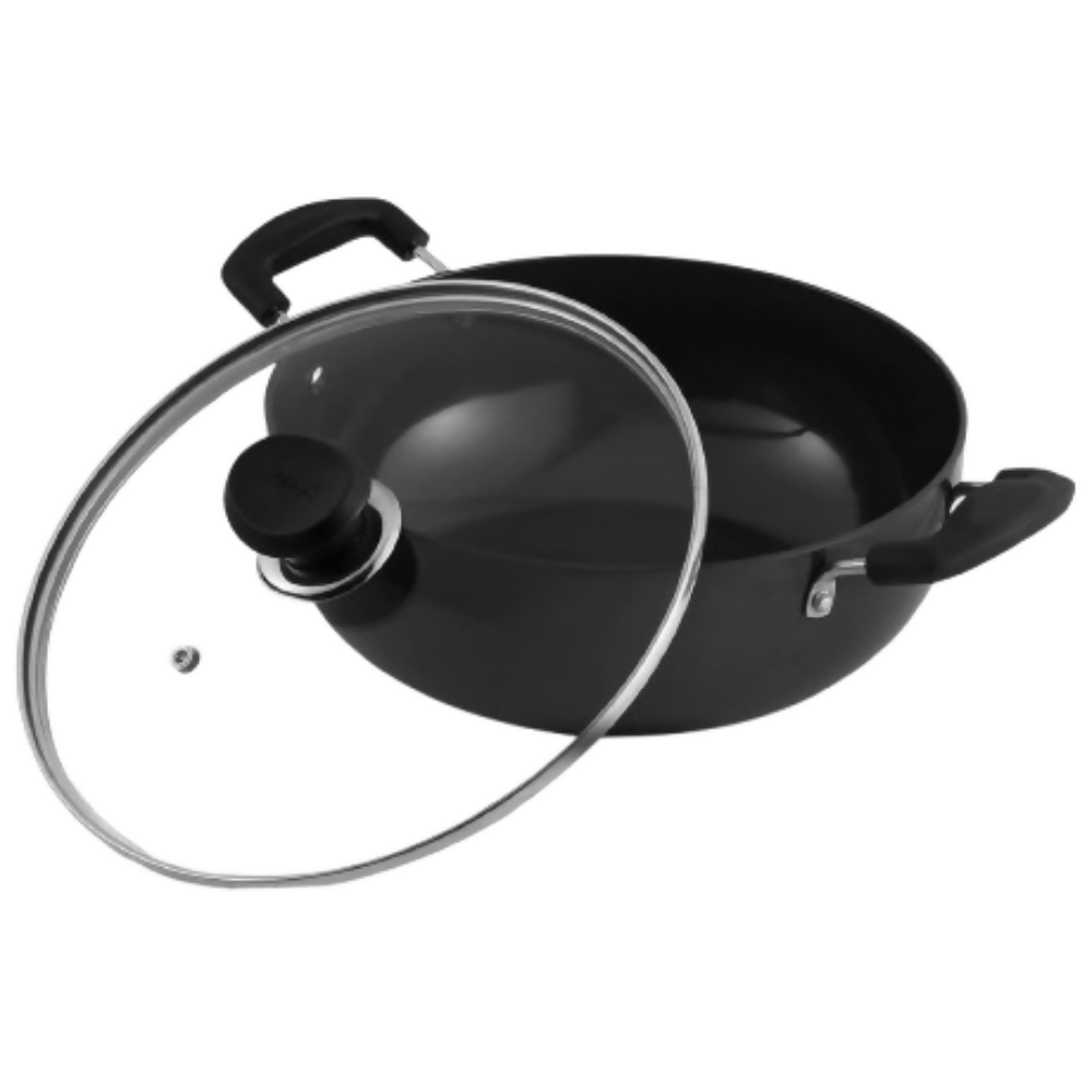 Vinod Black Pearl Hard Anodised Non Stick Deep Kadhai with Glass Lid - 34 cm | Grocsy