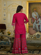 Juniper Women's Fuchsia Ethnic Motif Printed Liva Rayon Tunic Sharara and Dupatta Set With Sequins & Gota Patti Work | Grocsy
