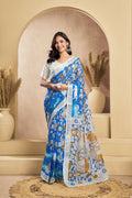 Vastranavya Blue Digital Printed Linen Ready To Wear Designer Saree with Unstitched Blouse | Grocsy