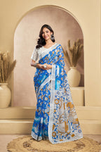 Vastranavya Blue Digital Printed Linen Ready To Wear Designer Saree with Unstitched Blouse | Grocsy