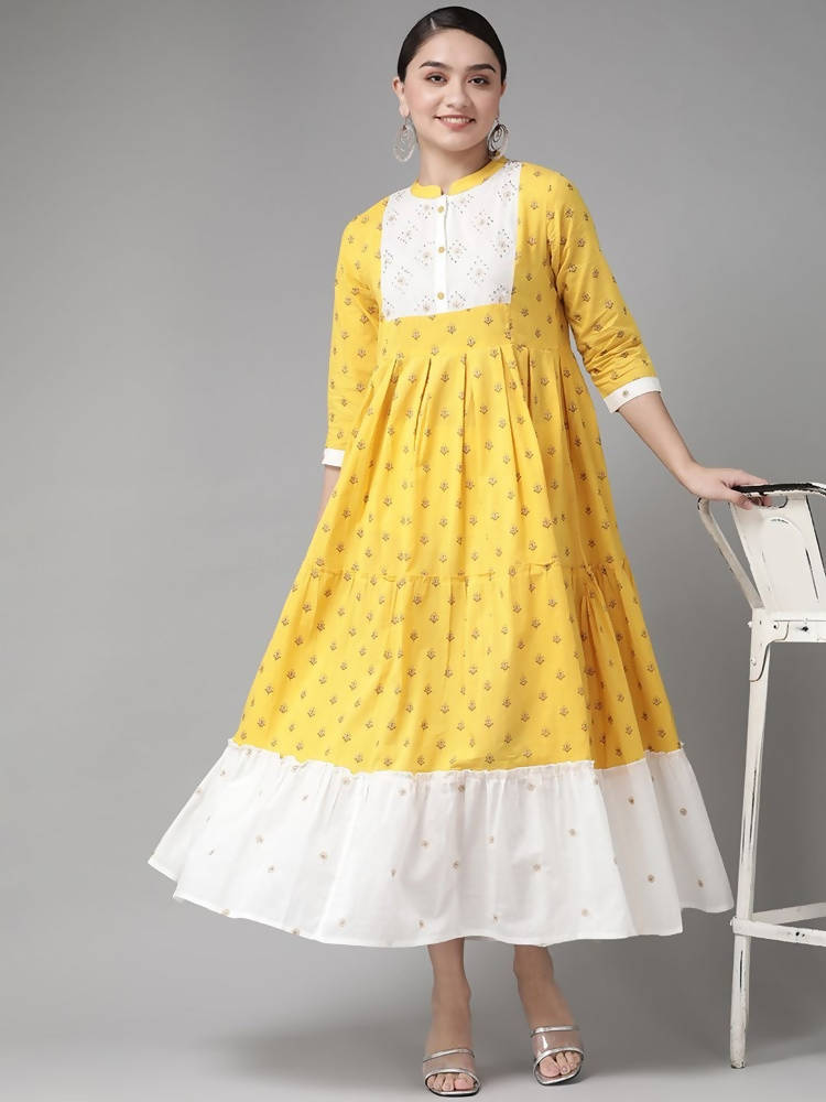 Yufta Women Yellow & White Cotton Embellished Ethnic Motifs Print Tiered Maxi Dress | Grocsy