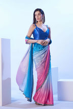 Blue Chinon Solid Designer & Lace Work Saree - Samaa | Grocsy