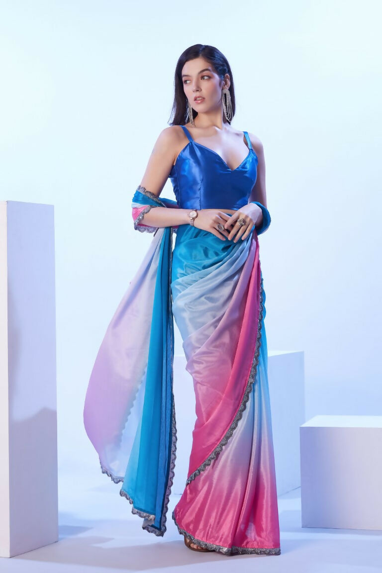 Blue Chinon Solid Designer & Lace Work Saree - Samaa | Grocsy