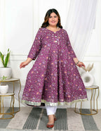 Miravan Women's Plus Size Cotton Gota Patti And Lace Border Details Floral Printed Purple Anarkali Kurta | Grocsy