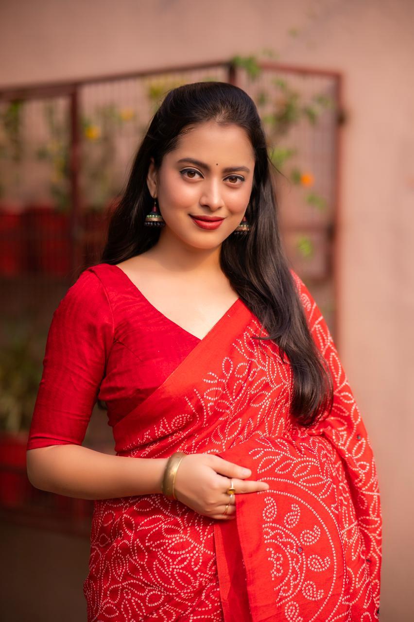 Red Silk Blend Ajrak Saree with Unstitched Blouse - Hiral Fashion | Grocsy