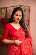 Red Silk Blend Ajrak Saree with Unstitched Blouse - Hiral Fashion | Grocsy