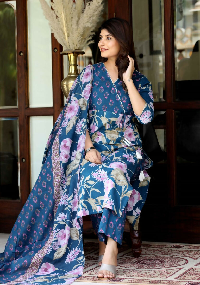 Miravan Women's Cotton Floral Angrakha Kurta And Palazzo With Dupatta Set | Grocsy