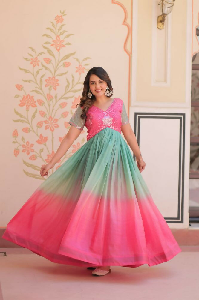 Vastranavya Pink Gold Crush Padding With Beads Embroidered Work Gown | Grocsy