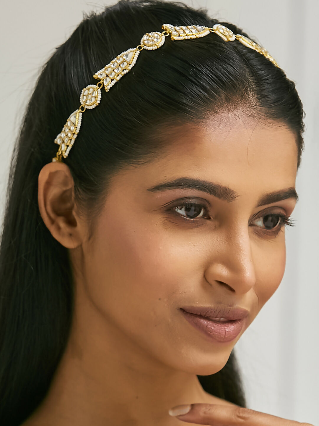 Nuyug 22K Gold-Plated Kundan & Pearls Studded Matha Patti with Regal Motifs Head Jewellery | Grocsy