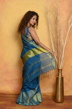 Very Much Indian Handloom Pure Cotton Linen Saree With Golden Border - Serene Blue | Grocsy
