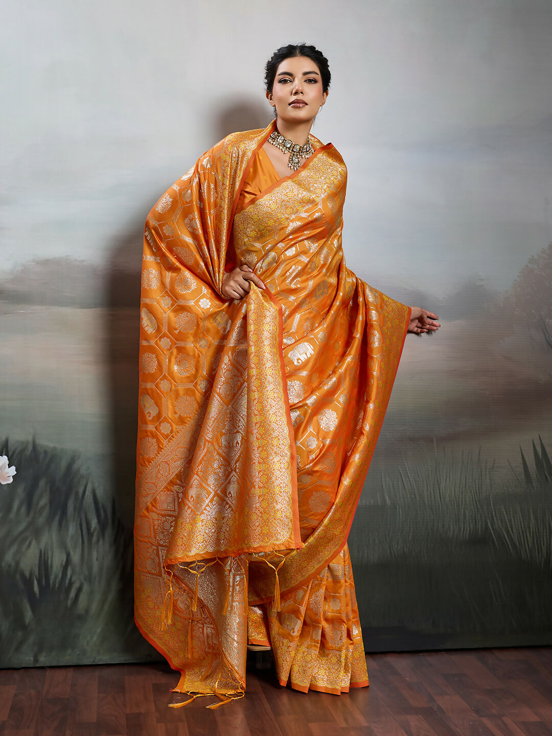 Shree Shyam Fashion Orange Silk Blend Saree | Grocsy