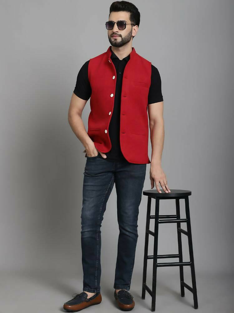 Even Apparels Nehru Jacket With Welt Pockets - Red | Grocsy